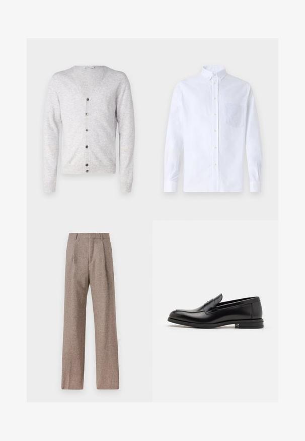 pure cashmere MEN V NECK CARDIGAN - Ζακέτα - grey; Λευκό πουκάμισο με μακρύ μανίκι, φτιαγμένο από βαμβάκι, με τσέπη στο στήθος με τονικό κέντημα, γιακά και κουμπιά στους μανικέτες.; Καφέ παντελόνι με ψηλή μέση από υφαντό ύφασμα. Διαθέτει φαρδιές καβάτζες και δύο μανίκια μπροστά για δομή. Καθαρή φινίρισμα χωρίς ορατό εξοπλισμό.; Μαύρες δερμάτινες μπαλαρίνες με λεία υφή, στρογγυλή μύτη και διακοσμητική ταινία πάνω από το επάνω μέρος. Χαμηλός καπιτώνας, μινιμαλιστικός σχεδιασμός.