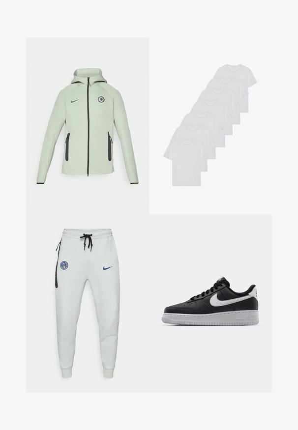 Gaiši zaļš kapucis ar rāvējslēdzēju, ar apļveida Chelsea FC logo, melnām detaļām un divām priekšējām kabatām ar rāvējslēdzējiem.; Baltie kokvilnas T-krekli, īsas piedurknes, apaļas izgriezuma dizains, vienkārša tekstūra, sakrauti rindā, ar smalku zīmolu pie kakla izgriezuma.; Gai pelēki sporta bikses, izgatavotas no mīksta auduma, ar melnu akcentu kabatu, ziliem logo uzšuvumiem, regulējamu auklu jostasvietu un pieguļošiem piedurkņu galiem.; Melna ādas sporta apavi ar teksturētu virsmu, balta Nike swoosh zīme, pelēks zole, apaļa pirksta daļa un saistējs dizains. Iekļautas perforācijas uz pirksta kastes.