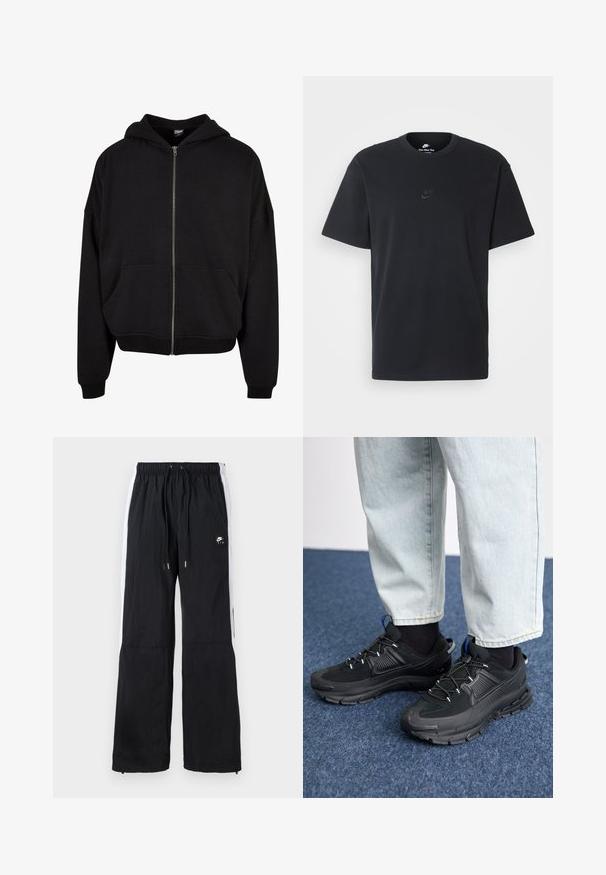 Sudadera negra con cremallera, con capucha, mangas largas y dos bolsillos frontales. Fabricada en una suave mezcla de algodón con puños y dobladillo acanalados.; Camiseta negra de algodón de Nike con un clásico cuello redondo, mangas cortas y un sutil logo en relieve en el pecho. Textura suave.; Pantalones deportivos negros con cinturilla elástica, rayas laterales blancas, puños con cremallera y un detalle de logo en goma en la parte delantera.; Zapatillas deportivas negras con tejido texturizado y suelas de goma, con cordones elásticos y un acento azul en el talón. Combinadas con pantalones de mezclilla claros.