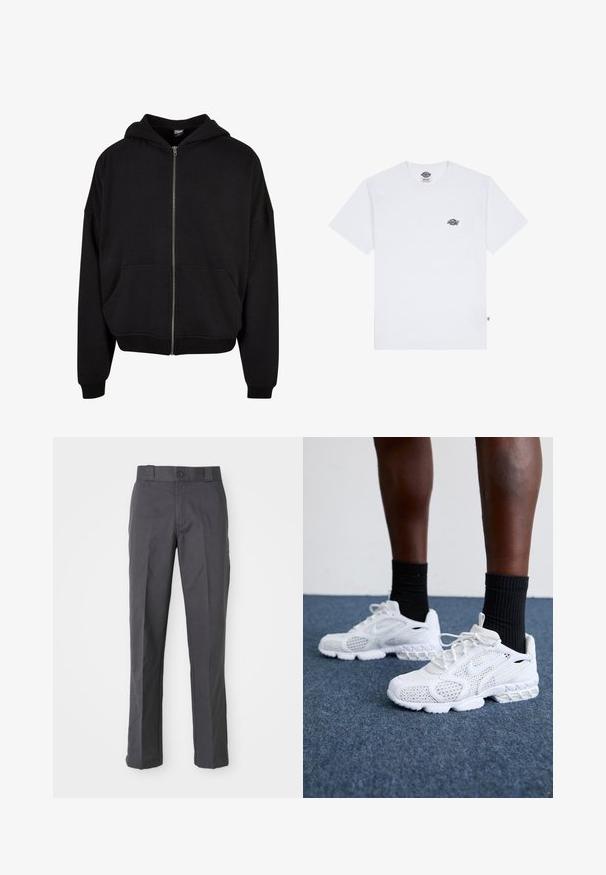 Melnas kapucēta džemperis ar rāvējslēdzēju, garām piedurknēm un divām priekšējām kabatām. Izgatavots no mīkstas kokvilnas maisījuma auduma ar ribinātām piedurknēm un apakšmali.; Balta kokvilnas t-krekls ar īsām piedurknēm, ar mazu melnu logotipu uz krūtīm un birku apakšējā kreisajā stūrī.; Tumši pelēki bikses, kas izgatavotas no kokvilnas auduma maisījuma, ar taisnām kājām, priekšējām kabatām un pogu aizdari jostasvietā.; Baltie sporta apavi ar sietiņu augšdaļu, rakstainiem akcentiem un mīkstu zoli. Apvienoti ar melniem ribotām potīšu zeķēm uz zilas paklāja virsmas.