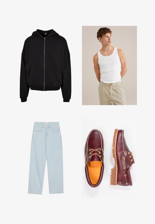 Melnas kapucēta džemperis ar rāvējslēdzēju, garām piedurknēm un divām priekšējām kabatām. Izgatavots no mīkstas kokvilnas maisījuma auduma ar ribinātām piedurknēm un apakšmali.; Balta kokvilnas bezšuvju blūze ar apaļu kakla izgriezumu un platajām siksnām, kombinēta ar gaismas beidzlaika biksēm ar pogu un krokām.; Gaiši zilas platās kājas džinsi, kas izgatavoti no denima, ar vidēju jostas augstumu, piecām kabatām un pogas aizdari ar šauru metāla akcentu.; Burgundijas krāsas ādas apavi ar brūniem gumijas zole, apaļiem purngalu, baltu šuvumu un zelta caurumiem. Iekšpusei ir dzeltena oderējums.