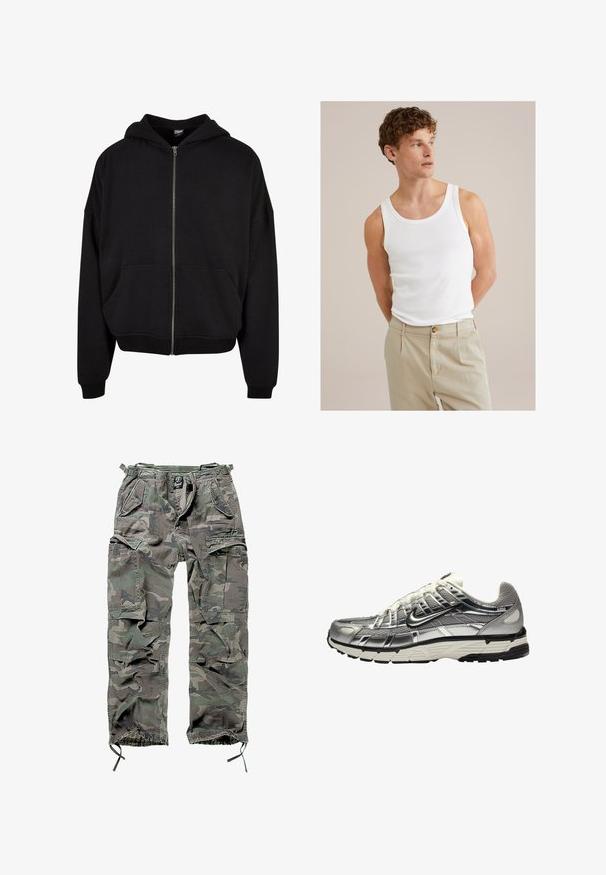 Felpa nera con zip, cappuccio, maniche lunghe e due tasche frontali. Realizzata in morbido tessuto misto cotone con polsini e orlo a coste.; Top in cotone bianco con scollo tondo e spalline larghe, abbinato a pantaloni beige chiaro con bottone e pieghe.; Pantaloni cargo mimetici in verde e grigio, con numerose tasche, vita elasticizzata, polsini regolabili e una vestibilità rilassata.; Scarpa atletica argento e nera con tomaia in mesh e sintetico, design voluminoso e finitura testurizzata. Presenta un colletto imbottito e suola in gomma.