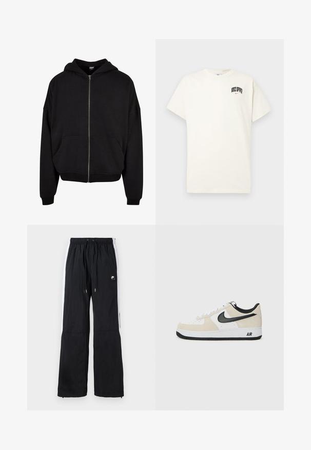 Svart zip-up hettegenser med hette, lange ermer og to frontlommer. Laget av myk bomullsblanding med ribbede mansjetter og nedkant.; Kremfarget bomull t-skjorte med korte ermer, med "NIKE SB" i svart og rødt trykk på brystet. Standard rund halslinning.; Svarte sportbukser med elastisk midje, hvite sidestiper, glidelås nederst, og en gummiaktig logodetalj foran.; Sneakers med lys beige semsket skinn og hvit skinn-overdel, svart Nike swoosh, svarte detaljer, og en hvit gummisåle med "AIR" merke.