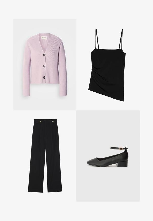 Lila, bordázott kötésű kardigán, mély V-nyakkal és három sötét gombbal az elején. Hosszú ujjak és rövid szabás.; Fekete, ujjatlan felső vékony pántokkal; az egyik oldalon drapált kialakítással és sima textúrával rendelkezik; rugalmas anyagból készült.; Fekete, bő szárú nadrág magas derékkal, gombos részletekkel a derékrészen és elülső pliszékkal.; Fekete bőr magassarkú cipő hegyes orral és alacsony tömb sarkal. Bokapánttal rendelkezik, aranyszínű csattal. Simább textúra.