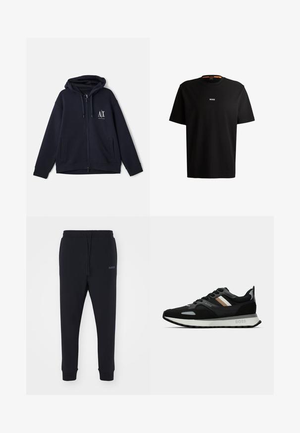 Marineblå hettegenser med glidelås i myk stoff, med et frontlogo, to sidelommer og justerbar snorhette. Avslappet passform.; Svart bomull t-skjorte med rund hals, korte ermer og hvit "BOSS"-logo sentrert på brystet. Glatt tekstur, avslappet passform.; Sorte sweatsbukser laget av mykt materiale med elastisk midjebånd, snor og avsmalnende bein. Har et lite logo på siden.; Svart løpetreningssko med teksturert overflate, lysegrå detaljer og tre horisontale striper i brunt. Har en hvit polstret såle.