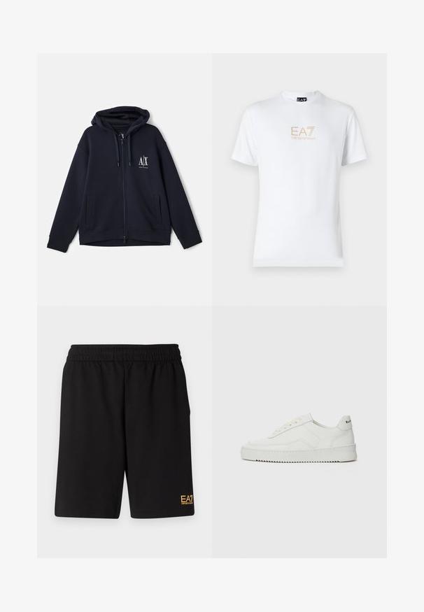 Námořnická mikina na zip z měkké látky, se vzorem na přední straně, dvěma bočními kapsami a nastavitelnou kapucí se šňůrkou. Volný střih.; Biela bavlnená tričko s okrúhlym výstrihom a krátkymi rukávmi, na prednej strane s potlačou zlatého loga EA7 Emporio Armani.; Čierne športové šortky vyrobené z jemného materiálu, s elastickým pásom a malým žltým logom EA7 na dolnej ľavej nohe.; Biele kožené tenisky s hladkým povrchom, okrúly špičkový dizajn, ploché šnúrky a textúrovaná podrážka. Obsahujú jemné logo na päte.