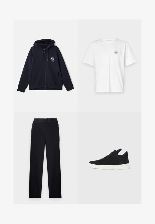 Navy zip-up hoodie in soft fabric, featuring a front logo, two side pockets, and an adjustable drawstring hood. Relaxed fit design.; White t-shirt made of cotton featuring short sleeves, a crew neck, and a small gray logo on the left chest area. Smooth texture.; Black trousers featuring a lightweight, textured fabric, straight-leg design, elastic waistband, and side zip pockets.; Black suede sneaker with a white rubber sole, featuring tonal stitching and lace-up design. Smooth texture with a modern, streamlined shape.