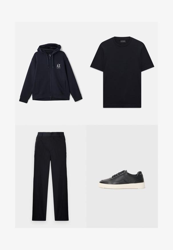 Marineblauwe rits-hoodie van zachte stof, met een logo aan de voorkant, twee zijzakken en een verstelbare trekkoordkap. Ontwerp met een ontspannen pasvorm.; Zwart T-shirt met korte mouwen en ronde hals, met een subtiele, geperste logoontwerp in het midden van de borst en een merklabel aan de binnenkant van de kraag.; Zwarte broek van een lichtgewicht, gestructureerde stof, met een recht model, elastische Tailleband en zijzakken met rits.; Zwarte leren sneaker met een gestructureerde afwerking, ronde neus en platte witte rubberen zool. Voorzien van zwarte veters en merklabel op de hiel.