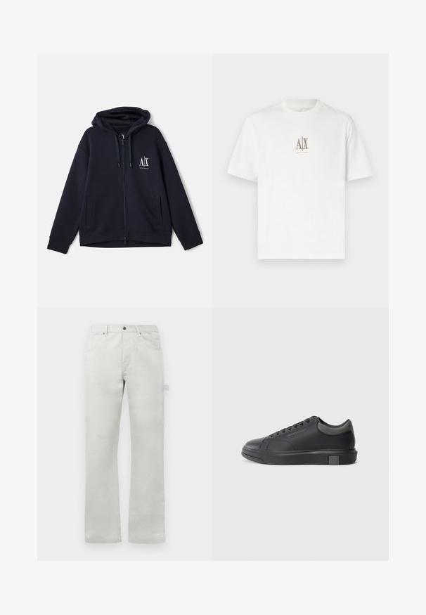 Tamsiai mėlynas užtrauktukas džemperis iš minkštos medžiagos, su priekinio logotipo, dviem šoninėmis kišenėmis ir reguliuojama kapuce. Laidumo dizainas.; Balta medvilnės marškinėliai su apvalia iškirpte. Ant jų yra mažas smėlio spalvos logotipas "A|X" ir užrašas "ARMANI EXCHANGE" po juo. Trumpomis rankovėmis, reguliaraus kirpimo.; Šviesiai pilkos tiesios pritaikymo kelnės, pagamintos iš lygaus medvilninio audinio, su priekinėmis kišenėmis ir šonine cargo kišene.; Juodos odinės sportinės bateliai su lygiu paviršiumi, apvaliu nose ir tamsiai pilkais akcentais. Turi raištelių dizainą ir tekstūruotą gumos padas.