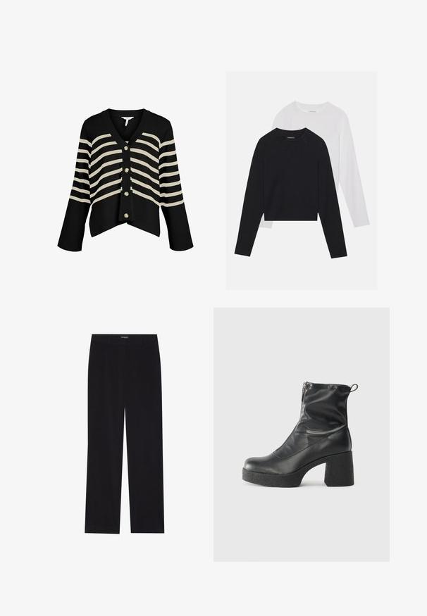 Svart cardigan med kremfargede horisontale striper, med V-hals, lange ermer og fem knapper foran for lukking. Myk ribbestruktur.; To lange ermerte skjorter: en svart og en hvit. Begge har rund hals, raglanermer og er laget av en myk bomullsblanding.; Sorte kordfløyelsbukser med rett snitt, med flat midje og ingen synlige lommer, glatt tekstur og vertikal ribbestruktur.; Svarte ankelstøvler laget av glatt lær, med glidelås på siden, chunky strukturert hæl, og rund tå-design.
