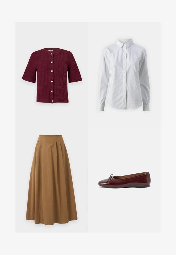 Vyno raudonas trumpomis rankovėmis kardiganas su tekstūruotu mezgimo dizainu, apvaliu kaklu, sidabriniais mygtukais ir dviem priekinių kišenių.; Balta marškinėliai su mygtukais, pagaminti iš lygios medvilnės, su klasikiniais apykaklės, ilgomis rankovėmis ir lenktu kraštu. Mygtukai maži ir balti.; Ruda medvilninė A formos sijonas su aukštu liemeniu, puikuojantis klostėmis priekyje ir lygia tekstūra. Apdailos kraštai yra švarūs ir paprasti.; Bordo lakiotos odos baleto bateliai su apvalia nosimi, maža kaspinėlio akcentu priekyje ir žema juoda guma padanga. Lygi tekstūra.