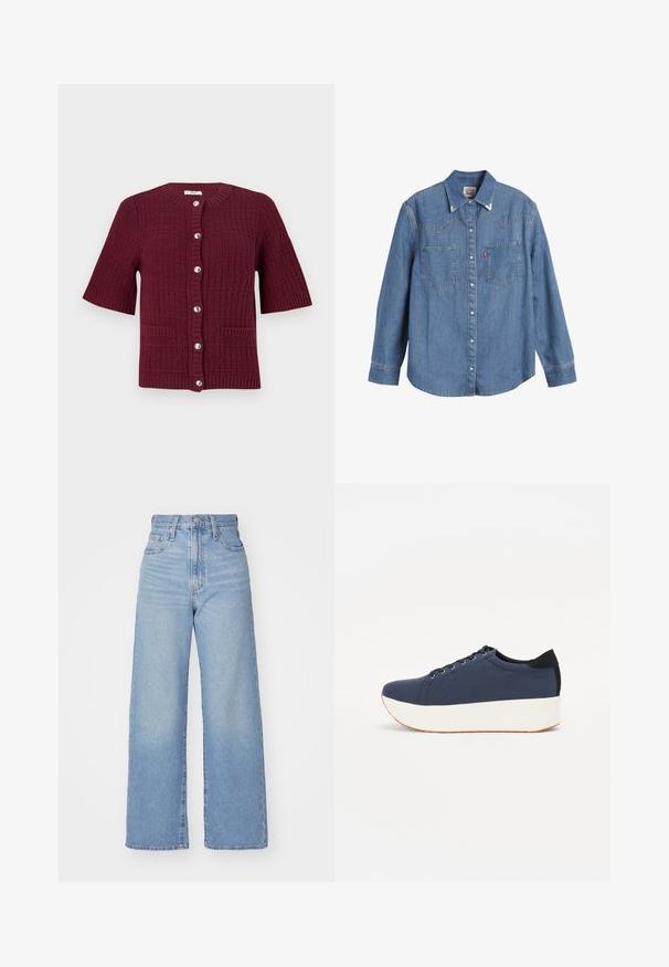 Burgundy kortärmad kardigan med ett strukturerat stickat mönster, rund hals, silverfärgade knappar och två framfickor.; Ljusblå denimskjorta med långa ärmar, spetsig krage, två bröstfickor och kontrasterande sömmar. Har en västerländsk stil på yoke-designen.; Ljusblå högmidjade vida jeans med knapp- och dragkedjestängning, fram- och bakfickor, mot en vit bakgrund.; Marinblå sneaker med en strukturerad tygöverdela, vit plattformssula, rund tå och svart hälsaccent. Har sex hål för snörning.