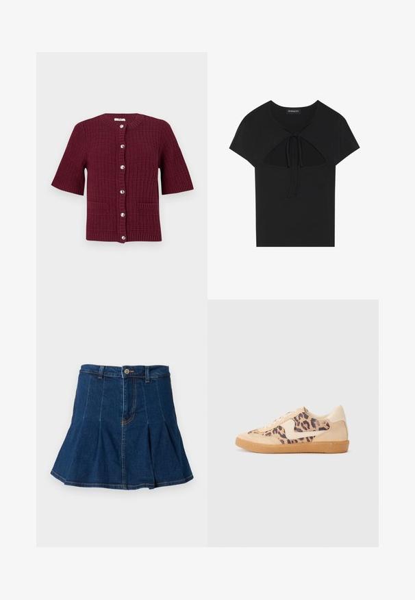 Bordo īsai piedurknei kardigāns ar teksturētu adījuma dizainu, apaļu kakla izgriezumu, sudraba pogām un divām priekšējām kabatām.; Melna īsām piedurknēm augšdaļa ar apaļu kakla izgriezumu, kurai ir izgriezuma detaļa un sasienama aizdare priekšā. Izgatavota no mīksta, viegla auduma.; Tums zila denima svārki ar plisēta dizainu, piecām kabatām, priekšējo pogu aizdari un kontrastējošiem šuvēm.; Leoparda drukas kedas ar beidzējo zamša virsu, brūnu gumijas zoli un baltām akcenta detaļām. Apļveida purngals un auklu aizdare ar strukturētu virsmu.