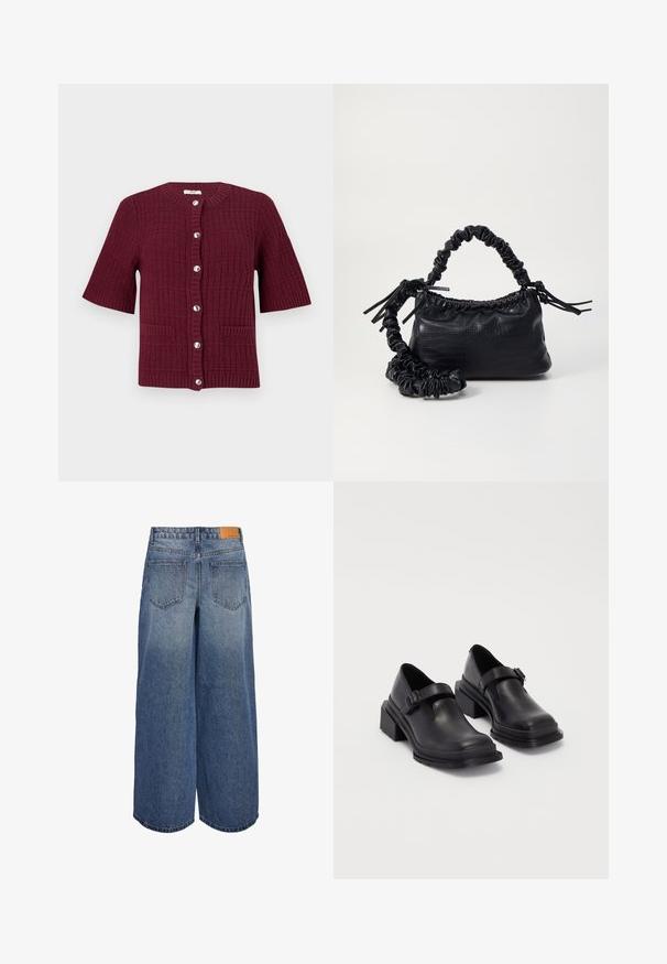 Cárdigan curto bordeaux com um design de malha texturizada, gola redonda, botões prateados e dois bolsos frontais.; Top crop em material de malha off-white. Mangas longas com textura canelada e pequenos recortes à volta do decote.; Calças culottes de denim de perna larga em lavagem azul média com uma textura desbotada, apresentando dois bolsos traseiros e uma etiqueta de marca em couro castanho na cintura.; Sapatos de couro pretos com um bico redondo, sola plana e uma fita com detalhe de fivela. Salto bloco robusto para maior estabilidade.; Bolsa de mão em couro sintético preto com textura de crocodilo, topo franzido e alça enrugada. Apresenta um design suave e compacto.