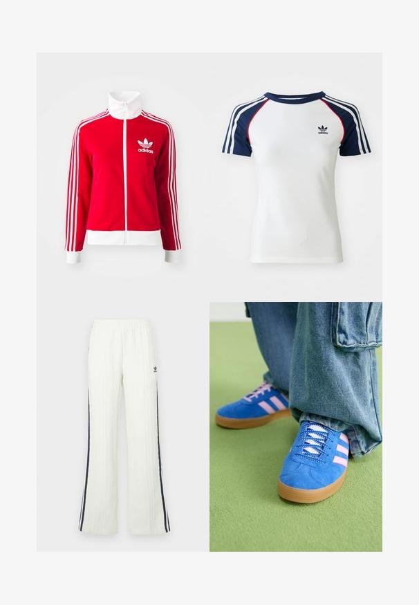 Sarkans zip-up sporta džemperis, izgatavots no gludas materiāla. Tam ir balti akcenti un trīs baltas svītras gar piedurknēm. Adidas logo ir redzams.; Balta kokvilnas T-kreklu ar tumši ziliem raglāna piedurknēm, kas rotāta ar trim baltiem svītrām un nelielu melnu Adidas logo uz krūšu. Sarkanās akcenti.; Gaiši krēmkrāsas bikses ar apļveida adījumu un platām kāju daļām. Tās ir aprīkotas ar tumši zilām sānu svītrām un Adidas logotipu uz gurna. Elastīga jostasvieta.; Zilas zamšādas kurpes ar rozā svītrām un baltām šņorēm, aprīkotas ar gumijas zoli, kopā ar brīvām džinsu biksēm uz zaļas virsmas.