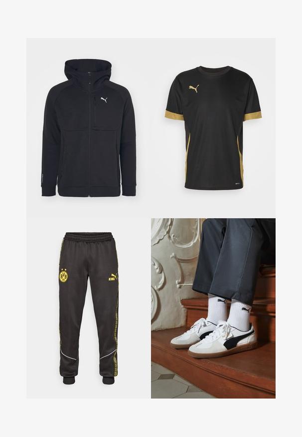 Svart zip-up hettegenser laget av mykt stoff, med hette, sidelommer og en hvit logo på venstre bryst. Jevn tekstur med moderne passform.; Svart treningst-skjorte med gulldetaljer på ermene og siden. Har rund hals, korte ermer og fukttransporterende DRYCELL-stoff.; Svarte treningsbukser med gule Borussia Dortmund BVB 09 og Puma King-logoer, elastisk liv, og mønstrede gule sidestriper.; Puma-sneakers i hvitt og svart semsket skinn, med en brun gummisåle. Kombinert med hvite sokker med en svart logo, båret med mørke bukser.