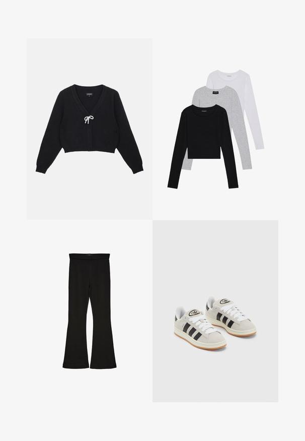 Čierny skrátený kardigán s výstrihom do V, textúrovanou látkou, dlhými rukávmi a uzáverom na prednej strane so saténovou mašľou zdobenou perličkami.; Tričko s dlhým rukávom v troch farbách: čiernej, sivej a bielej. Každé má okrúhly výstrih a skrátený strih vyrobený z hladkej, ľahkej tkaniny.; Čierne legíny s flared strihom vyrobené z elastického materiálu. Majú široký pás a hladkú textúru, s priliehavým siluetom, ktorý sa na okraji rozširuje.; Sivé semišové tenisky s bielymi šnúrkami, čiernymi pruhmi a bielou gumovou podrážkou. Obsahujú okrúhly logo na jazyku a gumenú podrážku.