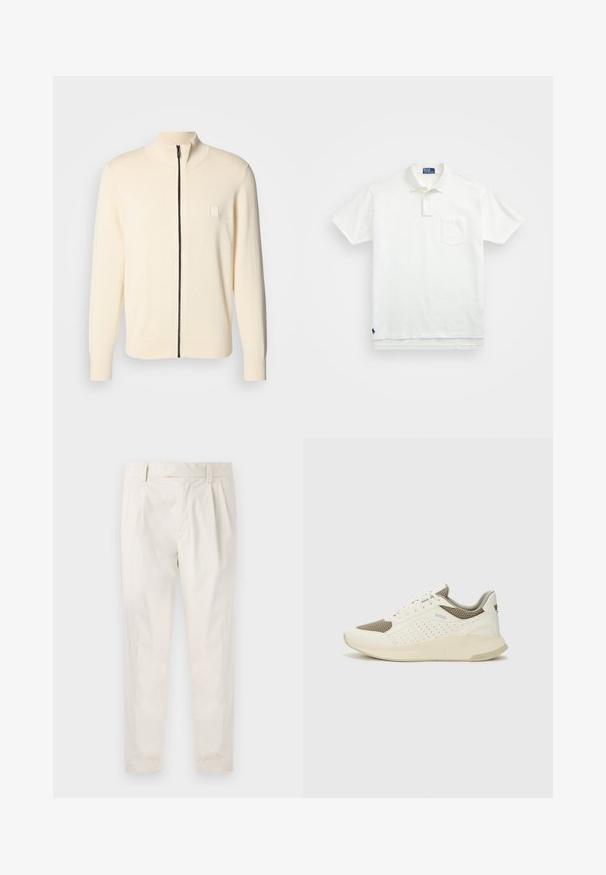 Lys kremet zip-up genser med høy krage, ribbede mansjetter og nederkant. Har en svart glidelås og en liten kvadratisk logo på brystet.; Hvit polo skjorte laget av bomull, med klassisk krage, tre-knapps ståkrage og lomme på venstre bryst; liten logo ved kanten.; Hvite, pregede bukser med skreddersydd passform, som har en jevn tekstur, beltehemper og avsmalnende ben. Ingen synlige lommer eller mønstre.; Hvit og lysebeige treningssko, med en mesh-overdel, perforerte detaljer og en teksturert mellomsåle med merkevare på hælen.