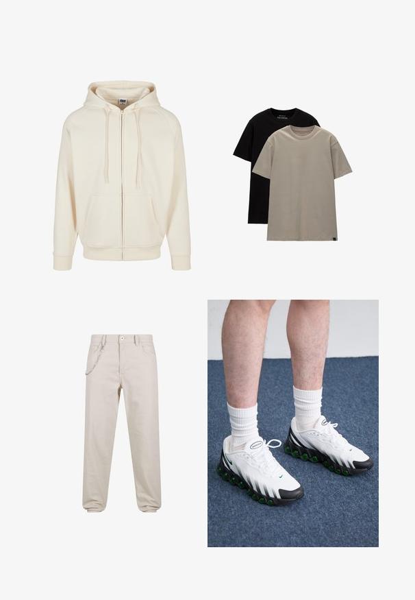 Kremna majica s kapuco in zadrgo spredaj, žepoma spredaj in rebrastima manšetama. Gladka tekstura tkanine in sproščen dizajn.; Komplet dveh majic; ena črna, ena svetlo bež. Že standardne prileganja z okroglimi izrezi, narejene iz mehkega bombažnega materiala. Enostavna zasnova, brez vzorcev.; Bež bombažne hlače z udobnim krojem, ki imajo sprednjo žepno verigo in gumbasto zapiranje. Manšete se zožijo pri gležnjih.; Bele športne čevlje z črnimi poudarki in zelenim oblazinjenjem. Imajo strukturirano zgornji del, zavezovanje na vezalke in vidno blagovno znamko.