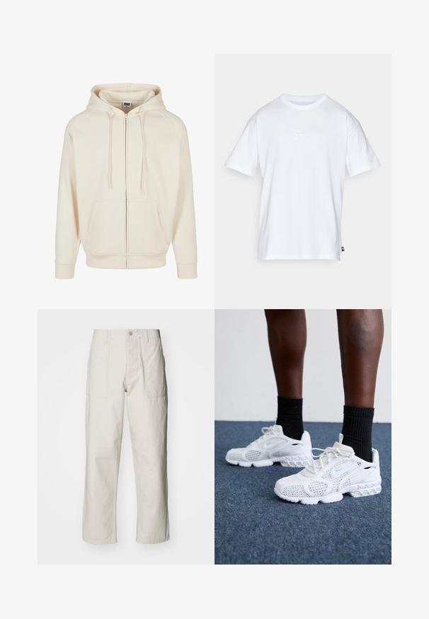 Cremfarbener Sweatshirt mit Reißverschluss vorne, Kapuze mit Kordelzug, Taschen vorne und gerippten Bündchen. Glatte Stoffstruktur und lässiges Design.; Weißes Baumwoll-T-Shirt mit kurzen Ärmeln und Rundhalsausschnitt. Verfügt über ein kleines, dezentes Nike-Logo auf der Brust und ein seitliches Etikett.; Helle beige weit geschnittene Hose aus Baumwolle. Verfügt über Fronttaschen und einen Knopfverschluss. Glatte Textur mit dezenten vertikalen Streifen.; Weiße Sportschuhe mit Mesh-Obermaterial, strukturierten Akzenten und gepolsterter Sohle. Kombieirt mit schwarzen gerippten Knöchelsocken auf einer blauen Teppichoberfläche.