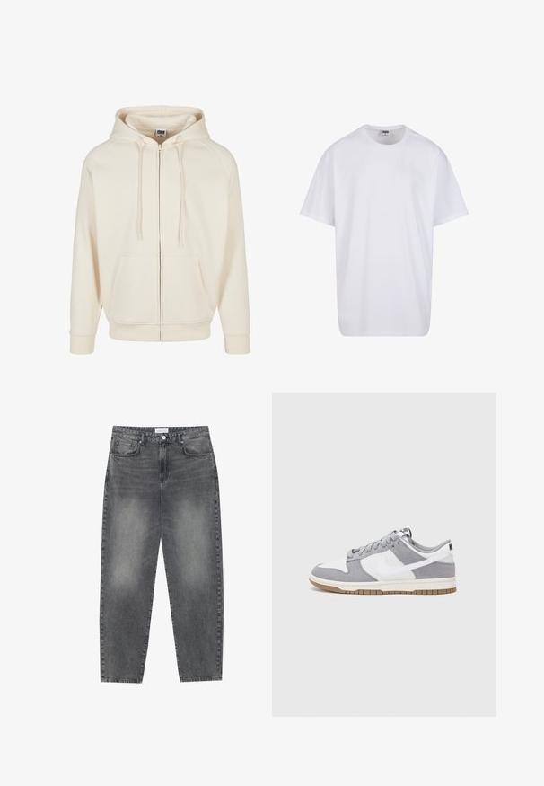 Felpa crema con zip frontale, cappuccio regolabile con coulisse, tasche anteriori e polsini a costina. Tessuto dalla superficie liscia e design casual.; Maglietta bianca in cotone con maniche corte, scollatura rotonda, vestibilità comoda e senza loghi o motivi visibili. Texture liscia e design minimale.; Jeans a vita alta, dal taglio ampio in denim nero sbiadito. Presentano cinque tasche, passanti per cintura e un design dritto e pulito.; Sneaker grigia e bianca con tomaia in suede e pelle, punta arrotondata, lacci piatti e soletta in gomma con un accento color caramello.