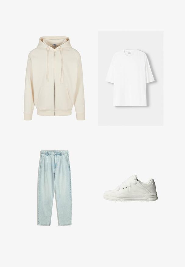 Cream sweatshirt with a zip front, drawstring hood, front pockets, and ribbed cuffs. Smooth fabric texture and casual design.; White short-sleeved t-shirt made from cotton, featuring a round neckline and a relaxed fit. Smooth texture, with no visible patterns or accents.; Light blue denim jeans with a loose fit, featuring a high waist, pleats, and a straight leg design. Smooth texture, minimal distressing.; White sneakers with a smooth leather exterior, cushioned tongue, flat laces, and textured accents on the sides and heel.