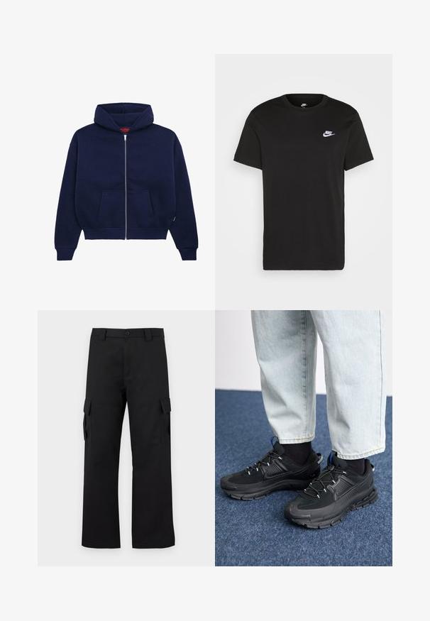 Temno modra zip-up kapuca iz mešanice mehkega bombaža. Ima sprednji kenguru žep, rebraste manšete in prostorno kapuco.; Črna bombažna majica s kratkimi rokavi, okroglo ovratnikom in majhnim belim logotipom Nike na zgornji levi strani prsi. Gladka tekstura. Klasičen kroj.; Črne cargo hlače s ravnim krojem. Narejene so iz trpežnega materiala in imajo dve stranski žepi s poklopcem ter gumbasto zaponko.; Črne športne čevlje z teksturirano tkanino in gumijastimi podplati, ki imajo elastične vezalke ter modre poudarke na peti. Nosi se z lahkimi denim hlačami.