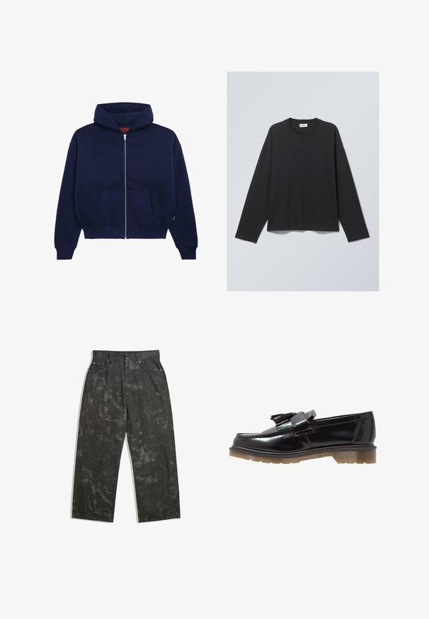 Marineblauwe ritsshirt hoodie van een zachte katoenmix. Voorzien van een voorste kangaroo-pocket, ribgebreide manchetten en een ruime capuchon.; Zwarte longsleeve T-shirt van zachte stof. Heeft een ronde hals en een relaxte pasvorm. Naadtoeslagen op de schouders, minimalistisch ontwerp.; Donkergrijze denim broek met een losse pasvorm, voorzien van subtiele gemarmerde patronen en metalen hardware accenten. Vijfzakkenontwerp.; Zwarte patenten leren instappers met een gevlochten ontwerp, franjeraccent en een chunky, gestructureerde rubberen zool. De zijaanzicht benadrukt de slanke silhouette.