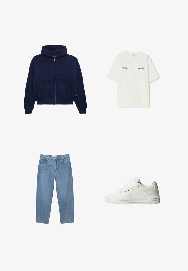 Námořnická modrá mikina na zip vyrobená z měkké bavlněné směsi. Má přední klokaní kapsu, žebrované manžety a prostornou kapuci.; Biela bavlnená tričko s krátkymi rukávmi. Na prednej časti je čierny text: "NIE ZAJTRA NIE DNES" a "UMENIE HLINENIA" v zelenej skripte.; Svetlomodré džíny z denimu so strihom rovného nohavice, dizajnom s piatimi vreckami a viditeľnou značkovou etiketou na páse.; Biele tenisky s hladkým koženým povrchom, polstrovanou jazykovkou, plochými šnúrkami a štruktúrovanými detailmi na stranách a päte.