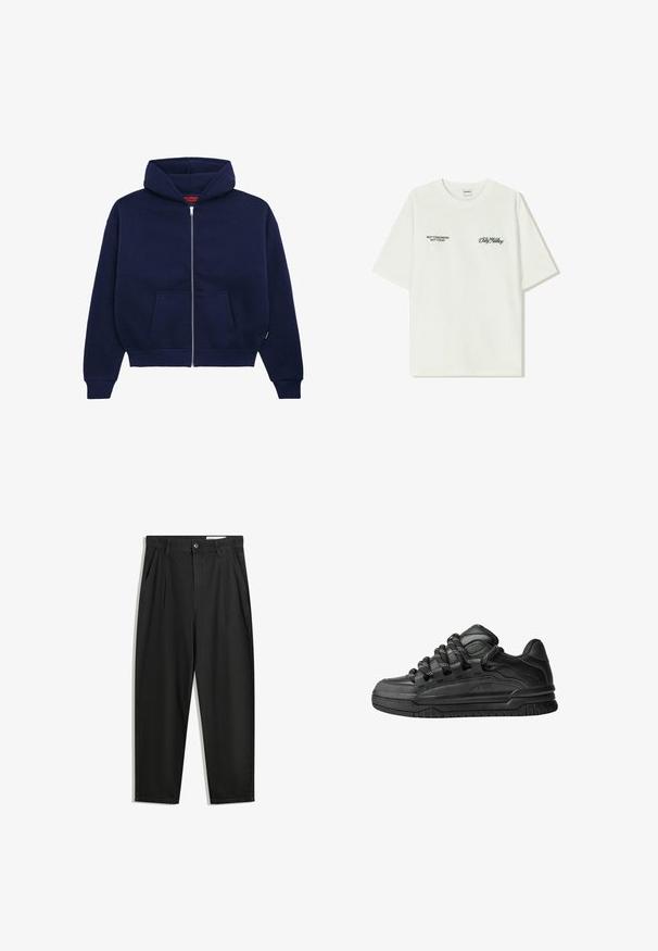 Sötétkék cipzáros kapucnis pulóver puha pamut keverékből. Elöl kenguruzseb, bordázott mandzsetták és tágas kapucni jellemzi.; Fehér pamut póló rövid ujjakkal. Az elején fekete szöveg található: "NEM HOLNAP NEM MA" és "A FÖLD BŰVÉSZETE" zöld írással.; Fekete pamut nadrág laza szabással, klasszikus derékrésszel, elülső hajtásokkal és oldalsó zsebekkel. Simább textúra minta nélkül.; Fekete sportcipők sima bőrből készült felső résszel, struktúrált kiegészítőkkel, valamint kerek fekete és fehér fűzőkkel. Vastag gumitalp mintázott bordázattal.