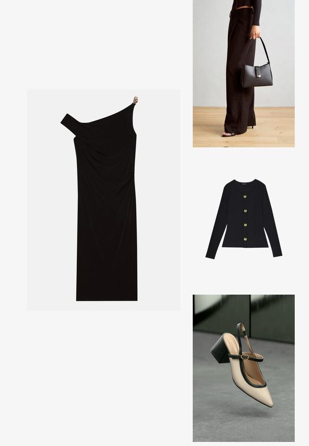 Schwarzes, gestreiftes Langarmoberteil mit rundem Ausschnitt und fünf goldfarbenen Knöpfen auf der Vorderseite, mit figurnahen Schnitt und weicher Textur.; Schwarzes einseitiges Kleid aus drapiertem Stoff mit einem goldenen Akzent an der Schulter, glatter Textur und knielangem Design.; Beiger Slingback-Pumps mit spitz zulaufender Schuhspitze, schwarzem Besatz und Schnallendetail. Glattes Material mit matter Oberfläche, mittelhoher Blockabsatz.; Schwarze Handtasche mit strukturierter Form, glatter Textur und einem metallischen Verschluss. Kombiniert mit weiten schwarzen Hosen und offenen Sandalen auf einem Holzboden.