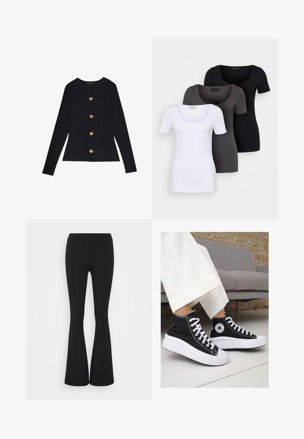 Schwarzes, gestreiftes Langarmoberteil mit rundem Ausschnitt und fünf goldfarbenen Knöpfen auf der Vorderseite, mit figurnahen Schnitt und weicher Textur.; Drei figurbetonte T-Shirts in Weiß, Grau und Schwarz. Jedes hat einen weiten Rundhalsausschnitt und kurze Ärmel. Hergestellt aus glattem, elastischem Stoff.; Schwarze, ausgestellte Hosen aus dehnbarem Material mit hohem Bund und glatter Textur. Die Hose weitet sich ab dem Knie.; Schwarze Canvas-Hochtop-Sneakers mit weißen Gummisohlen und Schnürsenkeln. Mit einem runden Logo an der Seite und kontrastierendem weißen Nähten.