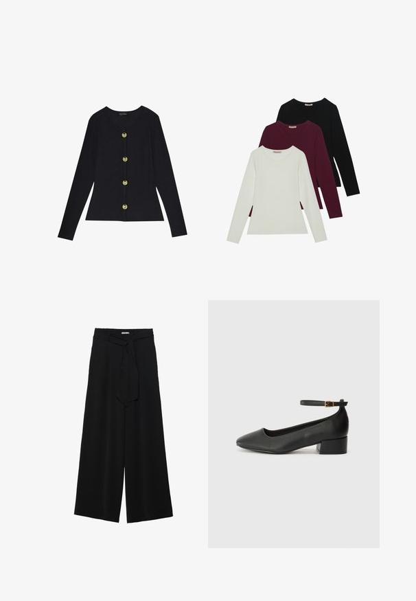 Fekete bordázott, hosszú ujjú felső, kerek nyakkivágással és öt aranyszínű gombbal az elején, formás siluettel és puha textúrával.; Hosszú ujjú pólók fehér, burgundi és fekete színben. Puha anyagból készült, kerek nyakú és testhez simuló fazonú. Réteges öltözködéshez is alkalmas.; Fekete, bő szárú nadrág, texturált anyagból, rugalmas derékpánttal és levehető sállal a derekán, amely állítható illeszkedést biztosít.; Fekete bőr magassarkú cipő hegyes orral és alacsony tömb sarkal. Bokapánttal rendelkezik, aranyszínű csattal. Simább textúra.