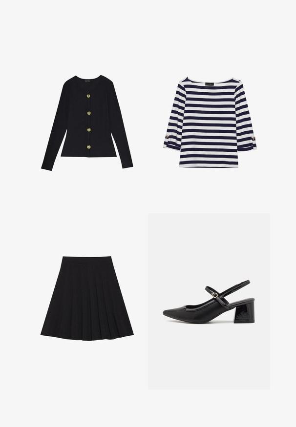 Musta ribattipaita pitkähihaisena, pyöreällä kaula-aukolla ja viidellä kultaisella napilla edessä. Paita on istuva ja pehmeä.; Laivastonsininen ja valkoinen raidallinen pitkähihainen paita, jossa on venepääntie ja kultaiset napit käärittyissä hihoissa. Pehmeä kangas, rento mitoitus.; Musta taitettu hame, joka on valmistettu teksturoidusta kankaasta ja jossa on tiukka vyötärö. Laskeutuu polveen, ja siinä on suora ja siisti siluetti.; Musta lakattu nahka slingback-korkokengät, joissa on terävä kärki, pyöreä aukko-muotoilu ja lohkokorko. Varustettu kultasävyisellä solkiyksityiskohdalla.