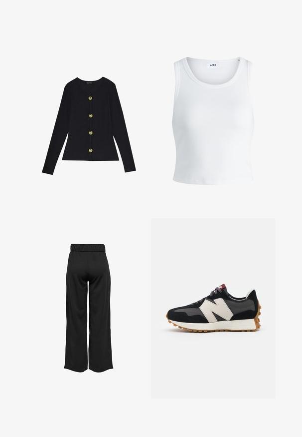 Fekete bordázott, hosszú ujjú felső, kerek nyakkivágással és öt aranyszínű gombbal az elején, formás siluettel és puha textúrával.; Fehér bordás ujjatlan top, kerek nyakkivágással és rövid hosszal. A címke szerint "JJXX". Sima szövettextúra.; Fekete, bővülő szárú nadrág, elasztikus derékkal, sima anyagból készült. Tiszta dizájn jellemzi, zsebek és látható varrási részletek nélkül.; Fekete és szürke velúr sportcipő nagy krémszínű "N" logóval, lila fűzőkkel és texturált gumi talppal.