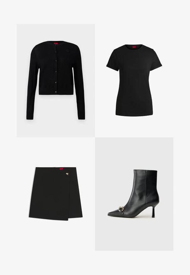 Svart cardigan laget av lett stoff, med rund hals, lange ermer og knappestengt foran med subtil logo-detalj på brystet.; Svart bomulls-t-skjorte med korte, rullede ermer, rund halslinning og rød etikett. Glatt tekstur, tettsittende fasong med minimale detaljer.; Svart omslagsskjørt med en glatt tekstur, med et rødt logomerke og en sølvfarget hardwaredetalj. Enkel design med en ren snitt.; Sorte lær ankle boot med spiss tå, slank mid-høyde hæl og sølvspenne på siden mot en enkel bakgrunn.