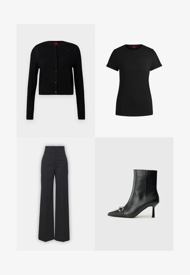 Čierny kardigán vyrobený z ľahkej tkaniny, s okrúhlym výstrihom, dlhými rukávmi a zapínaním na gombíky, s jemným logom na hrudi.; Čierne bavlnené tričko s krátkymi rolovanými rukávmi, okrúhlym výstrihom a červenou nášivkou. Hladká textúra, priliehavý strih s minimálnymi detailmi.; Široké nohavice z čiernej tkaniny s vysokým pásom, s čistým lemovaním a hladkou textúrou. Bez viditeľných kovových prvkov alebo vzorov.; Čierna kožená členková obuv s špicatou špičkou, štíhlým stredne vysokým podpätkom a striebornou sponou na boku na jednoduchom pozadí.