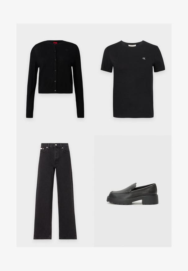 Černý kardigan vyrobený z lehké látky, s kulatým výstřihem, dlouhými rukávy a zapínáním na knoflíky s jemným detailem loga na hrudi.; Černé bavlněné tričko s klasickým kulatým výstřihem, krátkými rukávy a malým bílým vyšívaným logem "ck" na hrudi.; Černé široké jeansy vyrobené z denimu, s vysokým pasem, pěti kapsami a kovovým zapínáním s kontrastním prošíváním.; Černé kožené mokasíny s okrouhlou špičkou, silnou strukturovanou podrážkou a minimálními detaily šití. Elegantní design bez viditelných tkaniček nebo kovových prvků.