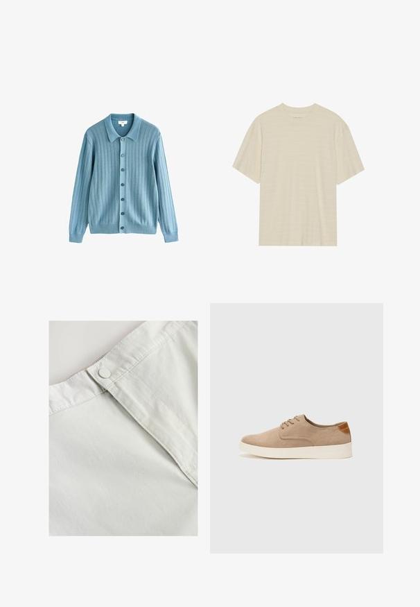 Jasnoniebieski kardigan o prążkowanej teksturze, z kołnierzykiem, zapięciem na guziki z przodu i długimi rękawami. Wyraźne ciemne guziki podkreślają wzór.; Kremowa, krótko rękawowa koszulka z delikatną teksturą w paski i okrągłym dekoltem, wykonana z lekkiego materiału.; Biała bawełniana tkanina z zapięciem na guzik w pasie, z delikatną teksturą i szytymi detalami wzdłuż szwów.; Beżowe zamszowe sneakersy z okrągłym noskiem, sznurowanym przodem i teksturowanym akcentem na tyle. Biała gumowa podeszwa tworzy kontrast. Prosty i nowoczesny design.