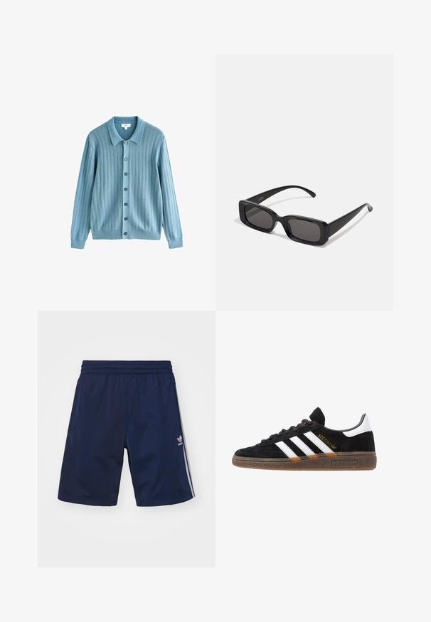 Cardigan de un albastru deschis, cu o textură ribbed, guler, închidere frontală cu nasturi și mâneci lungi. Nasturii închiși la culoare scot în evidență designul.; Cămașă T-shirt albă, cu mâneci scurte, de tip relaxat, așezată pe un fundal gri deschis.; Șorturi atletice de culoare bleumarin, realizate dintr-un material ușor, cu un talie elastică și trei dungi albe pe laterale. Logo-ul Adidas este afișat.; Sneaker Adidas negre cu dungi albe, text aurit "Spezial", talpă din cauciuc și tab de călcare alb, prezentat din vedere laterală.; Ochelari de soare negri, cu ramă rectangulară, lentile întunecate, finisaj lucios, brațe late și un design masiv. Numele mărcii gravat pe una dintre brațe.