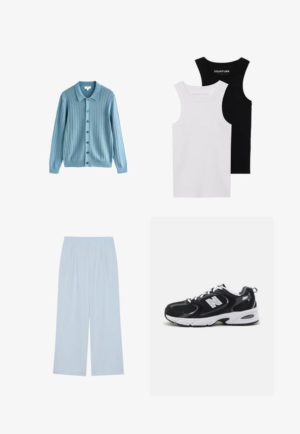 Valkoinen vaaleansininen neuletakki, jossa on ribbitekstuuri, kauluksellinen kaulus, etupainike sulku ja pitkähihaset hihat. Huomionarvoiset tummat nappit korostavat suunnittelua.; Kaksi muotoiltua tanktoppausta mustana ja valkoisena. Ne on valmistettu ribbitrikoosta ja niissä on leveät hihnat sekä pyöristetyt kaula-aukot. Brändäys kauluksessa.; Vaaleansiniset leveät housut, jotka on valmistettu sileästä materiaalista. Housuissa on etupainatuksia ja joustava vyötärö mukavuutta varten.; Mustat ja harmaat urheilukengät, joissa on verkkokangas- ja keinonahka päällyste, valkoinen välipohja, nauhat sekä rohkea "N"-logo sivussa.