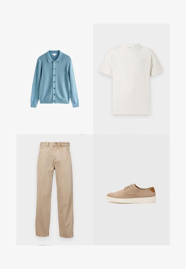 Lyseblå cardigan med ribbet tekstur, krave udkant, knaplukning foran og lange ærmer. Bemærkelsesværdige mørke knapper fremhæver designet.; Hvid kortærmet T-shirt i ribbet tekstur. Rund halsudskæring, løs pasform, ingen synlige mønstre eller accenter. Enkel og alsidig design.; Beige denimjeans med lige bendesign, med forlommer, metalknaplukning og subtil struktur.; Beige ruskinds sneakers med rund tå, snørebånd foran og en struktureret rygdetalje. Hvid gummisål giver kontrast. Enkel og moderne design.
