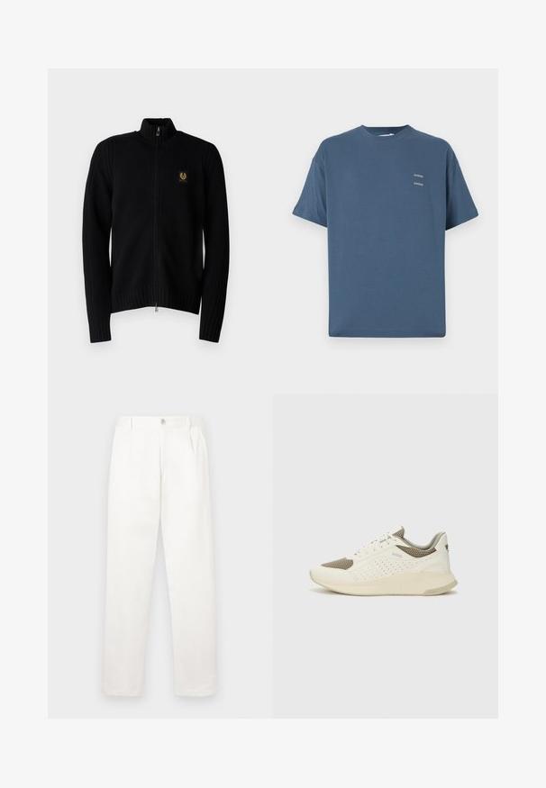 Belstaff WATCH - Adīta jaka - black; Zilas kokvilnas T-krekls ar klasisku apaļu kaklu, īsām piedurknēm, brīvu piegriezumu un diviem maziem apdrukātiem logo uz krūtīm. Gluda tekstūra.; Baltas bikses, izgatavotas no gludas auduma, ar taisnu kāju dizainu, priekšējiem krokām un vienu pogu aizdari jostasvietā.; Baltas un gaiši bež sporta apavi, ar sieta augšdaļu, perforētiem detaļām un teksturētu vidusdaļu ar zīmolu uz papēža.