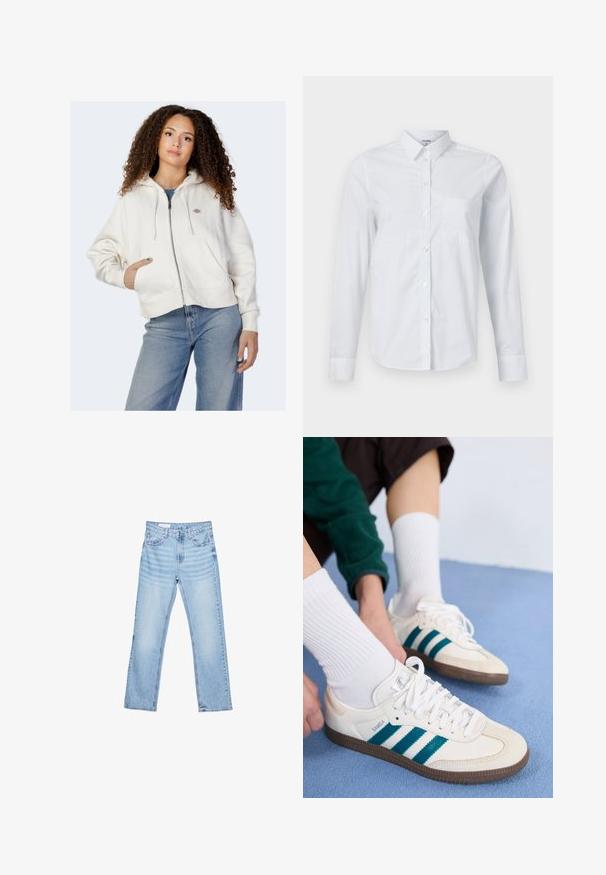 Biely zipsový mikina vyrobená z mäkkej bavlny, s kapucňou na šnúrku, prednými vreckami a malým logom na ľavej hrudi.; Biely dlhý rukáv košeľa vyrobená z bavlny. Má gombíkovú prednú časť, špicatý golier a náprsné vrecko na ľavej strane.; Svetlomodré denimové nohavice so straight strihom, päť vreckami a viditeľným prešívaním. Stredne vysoký pás s klasickým zapínaním na gombík a zips.; Biele športové topánky s teal prúžkami, textúrovaným zvrškom a hnedými gumovými podrážkami. Spárované s bielymi rebrovanými ponožkami.