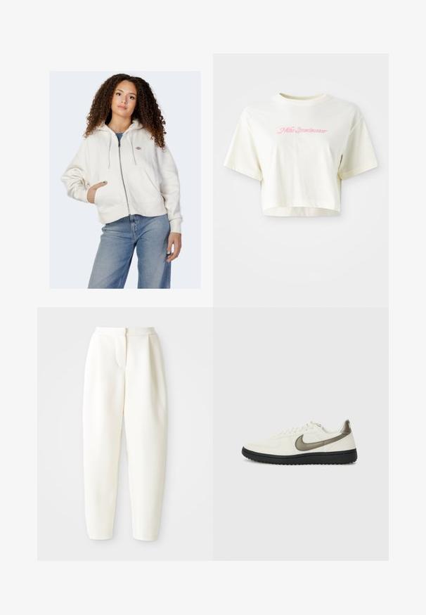 Baltas užtrauktukas džemperis, pagamintas iš minkštos medvilnės, su reguliuojamu gobtuvu, priekinėmis kišenėmis ir mažu logotipu kairėje krūtinės pusėje.; Trumpas, kreminės spalvos marškinėliai, pagaminti iš medvilnės. Puošti rožiniu siuvinėtu logotipu su užrašu "Nike Sportwear." Trumpomis rankovėmis ir apvaliu kaklu.; Baltos aukšto liemens siaurėjantys keliai su paslėptu priekinio uždarymo mechanizmu ir šoninėmis kišenėmis, pristatyti prieš paprastą baltą foną.; Nike Sportswear FIELD GENERAL - Sportbačiai - off-white/black