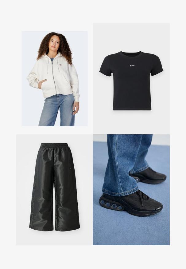 Felpa bianca con zip realizzata in morbido cotone, dotata di cappuccio con cordino, tasche davanti e un piccolo logo sul lato sinistro del petto.; T-shirt nera a maniche corte in cotone con scollatura rotonda. Presenta un logo Nike bianco sul petto, un design minimalista e una forma aderente.; Pantaloni sportivi neri con un tessuto lucido e morbido, dotati di una vita elasticizzata, gambe larghe e un piccolo logo sul lato sinistro.; Scarpe da ginnastica nere con tomaia in rete, dettagli testurizzati e pod di ammortizzazione visibili nella suola. Indossate con jeans in denim blu.