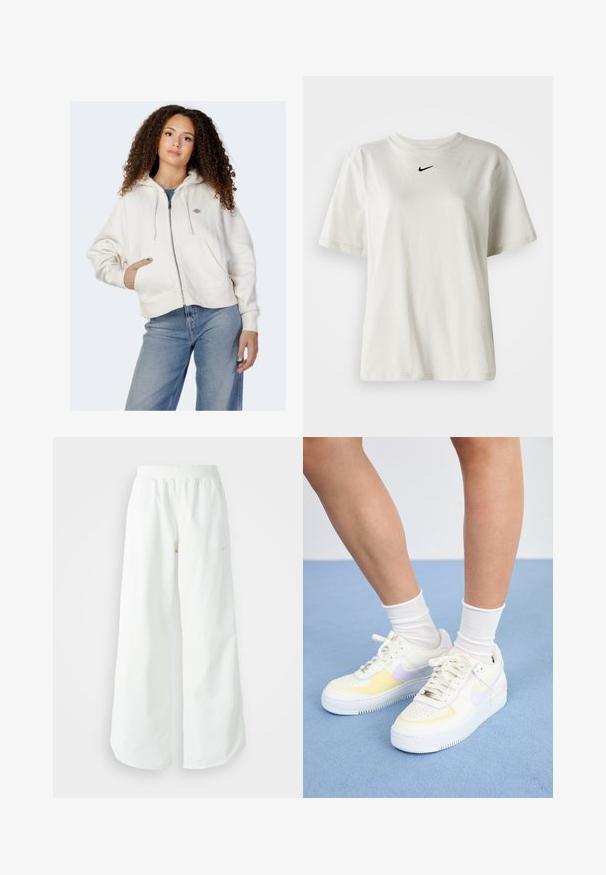 Sudadera blanca con cremallera, hecha de algodón suave, que cuenta con capucha ajustable, bolsillos frontales y un pequeño logo en el lado izquierdo del pecho.; Camiseta de algodón blanca con cuello redondo y mangas cortas. Presenta un pequeño logotipo negro de Nike en el pecho. Diseño sencillo y sin adornos.; Pantalones deportivos blancos de pierna ancha con una cinturilla acanalada y un sutil detalle de logo. Tela suave con un ajuste relajado y dobladillo ajustado.; Zapatillas de cuero blancas con acentos amarillos y lavanda, punta redonda, cordones planos y suela de goma texturizada. Llevadas con calcetines blancos.