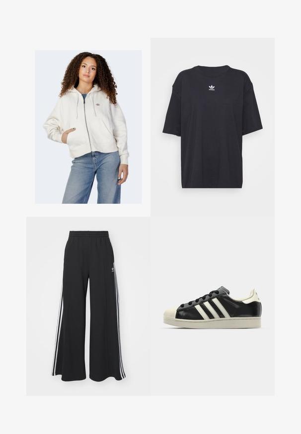 Weiße Reißverschluss-Hoodie aus weichem Baumwollmaterial mit einer Kapuze mit Kordelzug, Fronttaschen und einem kleinen Logo auf der linken Brust.; Schwarzes Baumwoll-T-Shirt mit kurzen Ärmeln, rundem Halsausschnitt, mit einem weißen Adidas-Logo auf der Brust. Einfaches Design, lockere Passform.; Schwarze weite Sweatpants mit elastischem Bund, versehen mit weißen Seitestreifen und einem gestickten Logo auf dem linken Oberschenkel.; Schwarze Ledersneaker mit weißen Streifen, Gummikappe, schwarzen Schnürsenkeln und einer cremefarbenen Sohle. Glatte Textur mit glänzender Oberfläche.