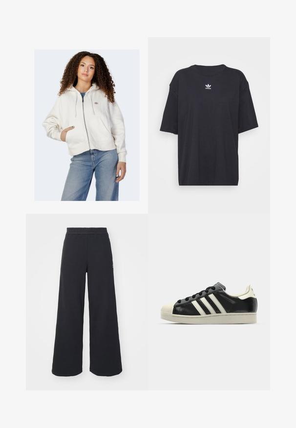 Balts džemperis ar rāvējslēdzēju, izgatavots no mīksta kokvilnas, ar kapuci ar auklu, priekšējām kabatām un mazu logo kreisajā krūtīs.; Melna kokvilnas t-kreklā ar īsām piedurknēm un apaļu kakla izgriezumu, uz krūtīm ir balta Adidas logo. Vienkāršs dizains, brīvs piegriezums.; Melni platās svārku bikses, izgatavotas no mīksta auduma, ar elastīgu jostas daļu un mazu logotipu kreisajā pusē.; Melna ādas sporta apava ar baltām svītrām, gumijas purngala aizsardzību, melnām auklām un krēma krāsas zoli. Gluda tekstūra ar spīdīgu apdari.