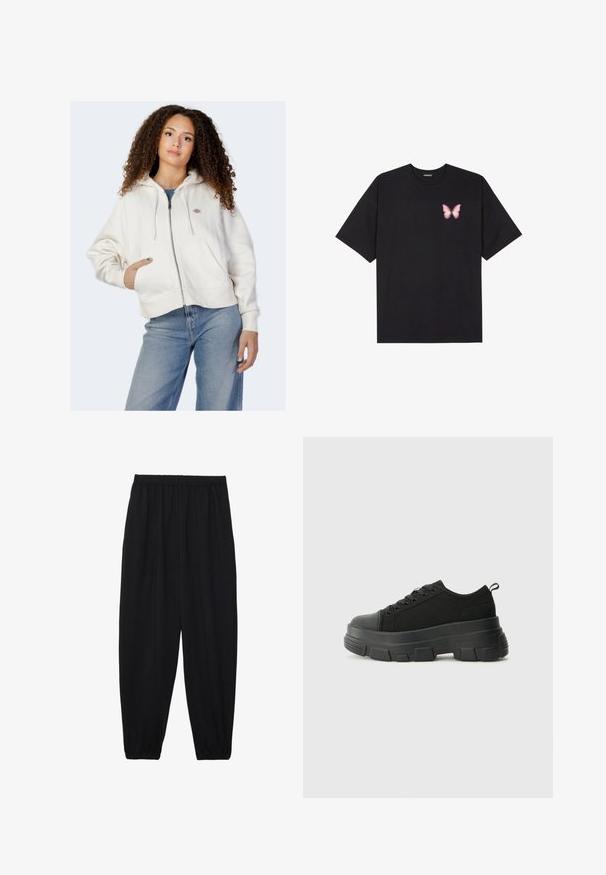 Bela zip-up kapuca izdelana iz mehke bombažne tkanine, z vrvico za nastavljanje kapuce, sprednjimi žepi in majhnim logotipom na levi strani prsnega koša.; Črna bombažna majica s kratkimi rokavi, ki ima majhen roza metuljček na levi strani prsnega dela. Majica s krožnim ovratnikom in sproščenim krojem.; Črne, lahke hlače z elastičnim pasom in nabranimi gležnji. Tkanina je gladka in ima sproščen, taperiran dizajn.; Črne teniske z debelim gumijastim podplatom, zgornji del iz teksturirane tkanine, okrogla punta in zavezovanje z vrvicami. Vključujejo ojačane luknje za vrvice in zanko na hrbtu.